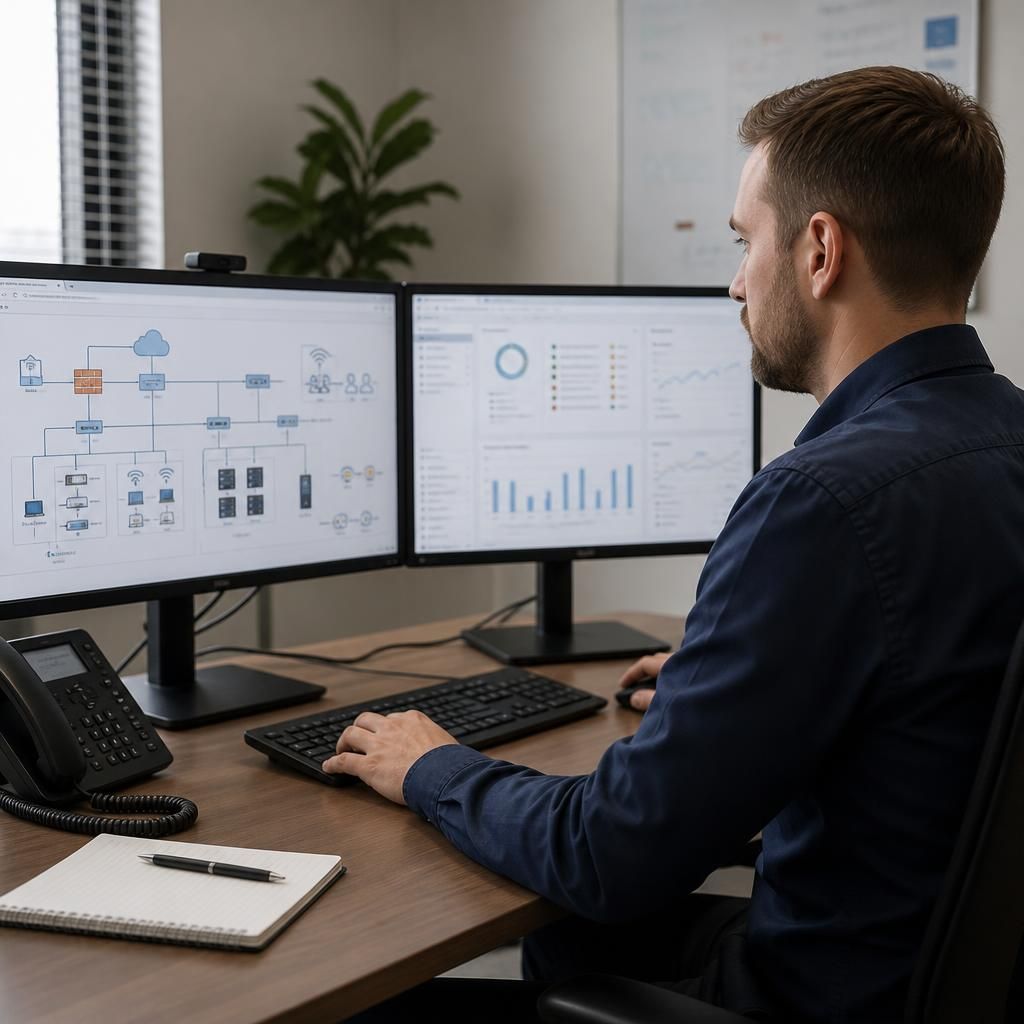 IT professional reviewing a network diagram on dual monitors