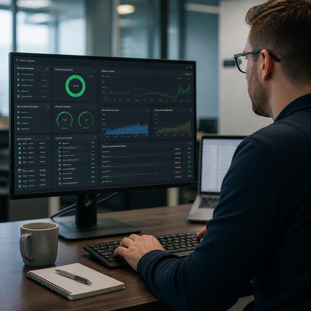 Technician reviewing network monitoring data on a computer screen