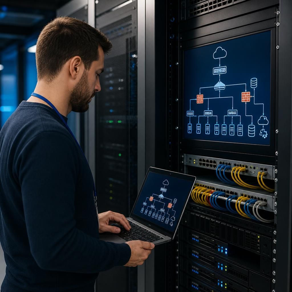 Diagram showing servers, switches, firewalls and cloud services connected in a business network