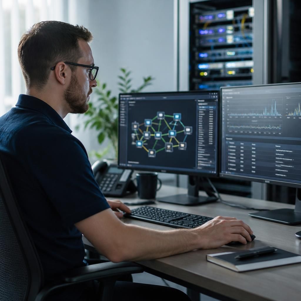IT professional reviewing network information on a computer screen