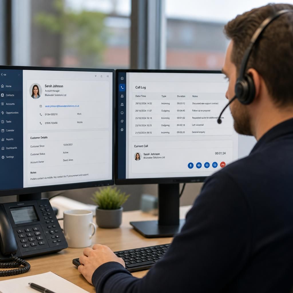 VoIP call record linked to a customer relationship management contact screen