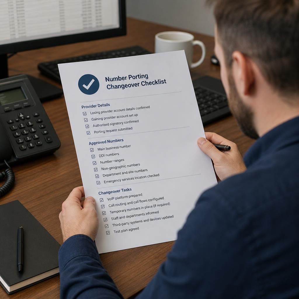 VoIP number porting checklist showing provider details, approved numbers and changeover tasks