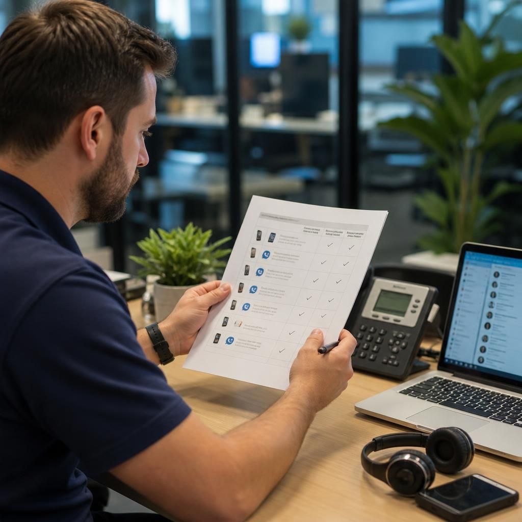 IT technician reviewing a compatibility checklist for VoIP handsets and softphones