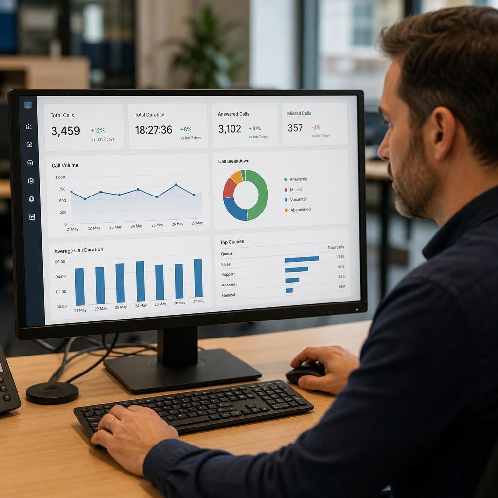 VoIP call reporting dashboard displaying call volumes, durations, missed calls and queue activity
