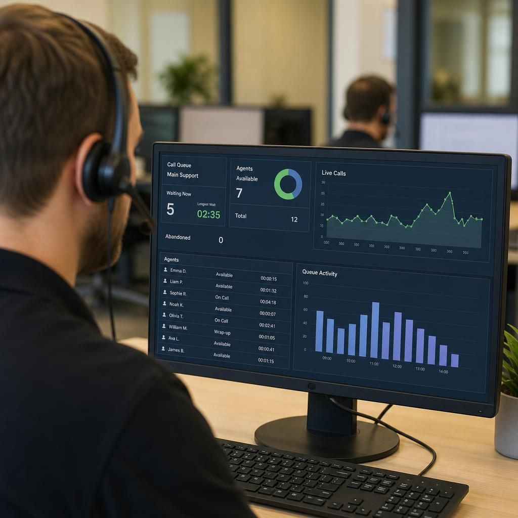 VoIP call queue dashboard showing waiting callers and available agents