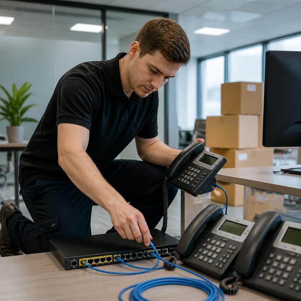 VoIP handsets and network equipment being installed in a new office