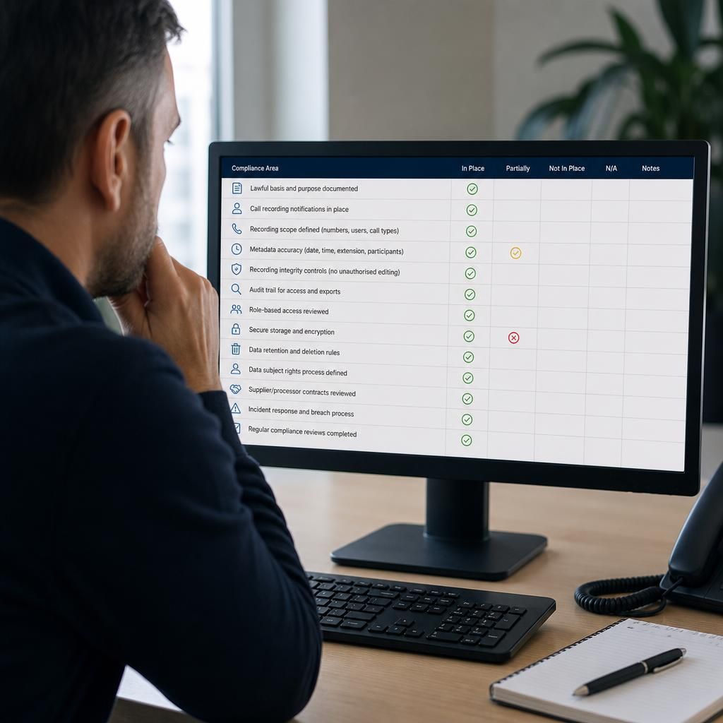VoIP call recording compliance checklist displayed on a monitor