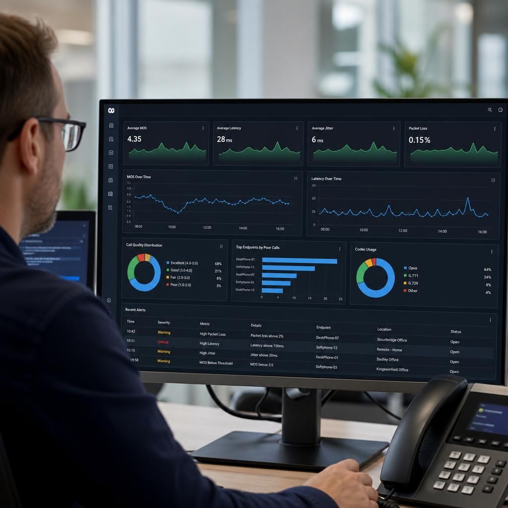 VoIP call quality dashboard showing latency, jitter and packet loss