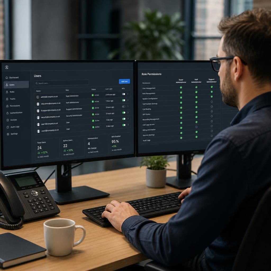 VoIP administration dashboard showing user roles and access controls