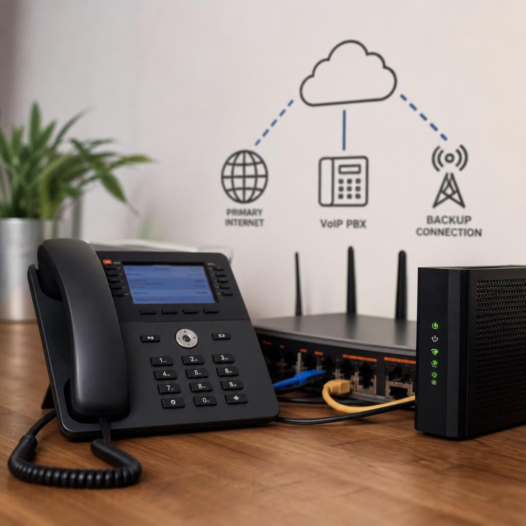 VoIP network diagram showing a primary internet link, backup connection and cloud telephony platform