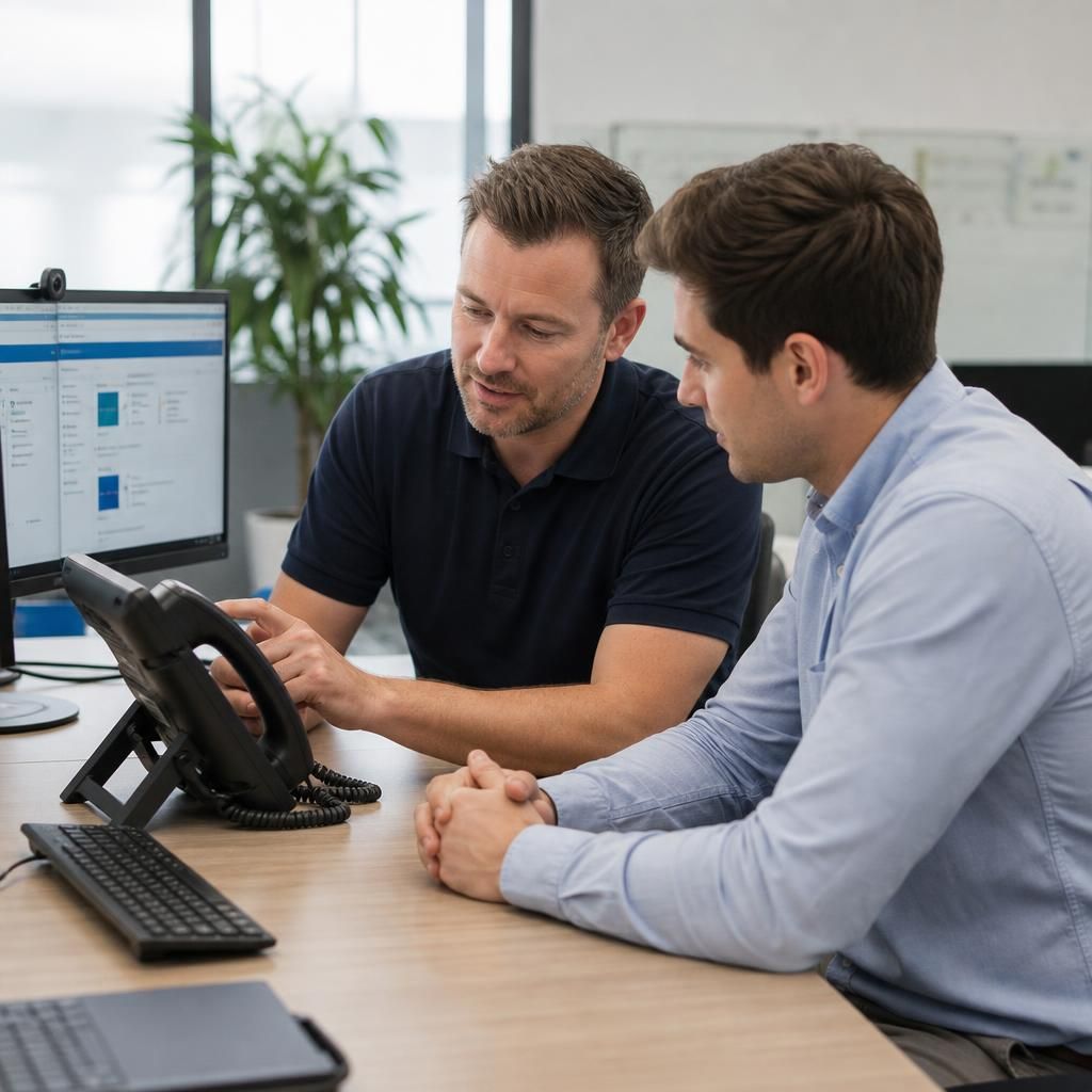 IT specialist discussing a VoIP setup with a business client at a desk