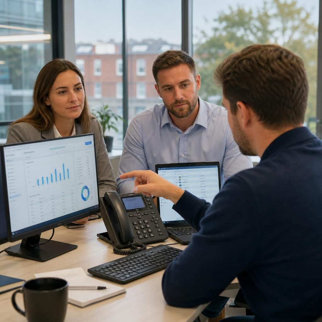 Business professionals reviewing VoIP users and call routing with an IT adviser