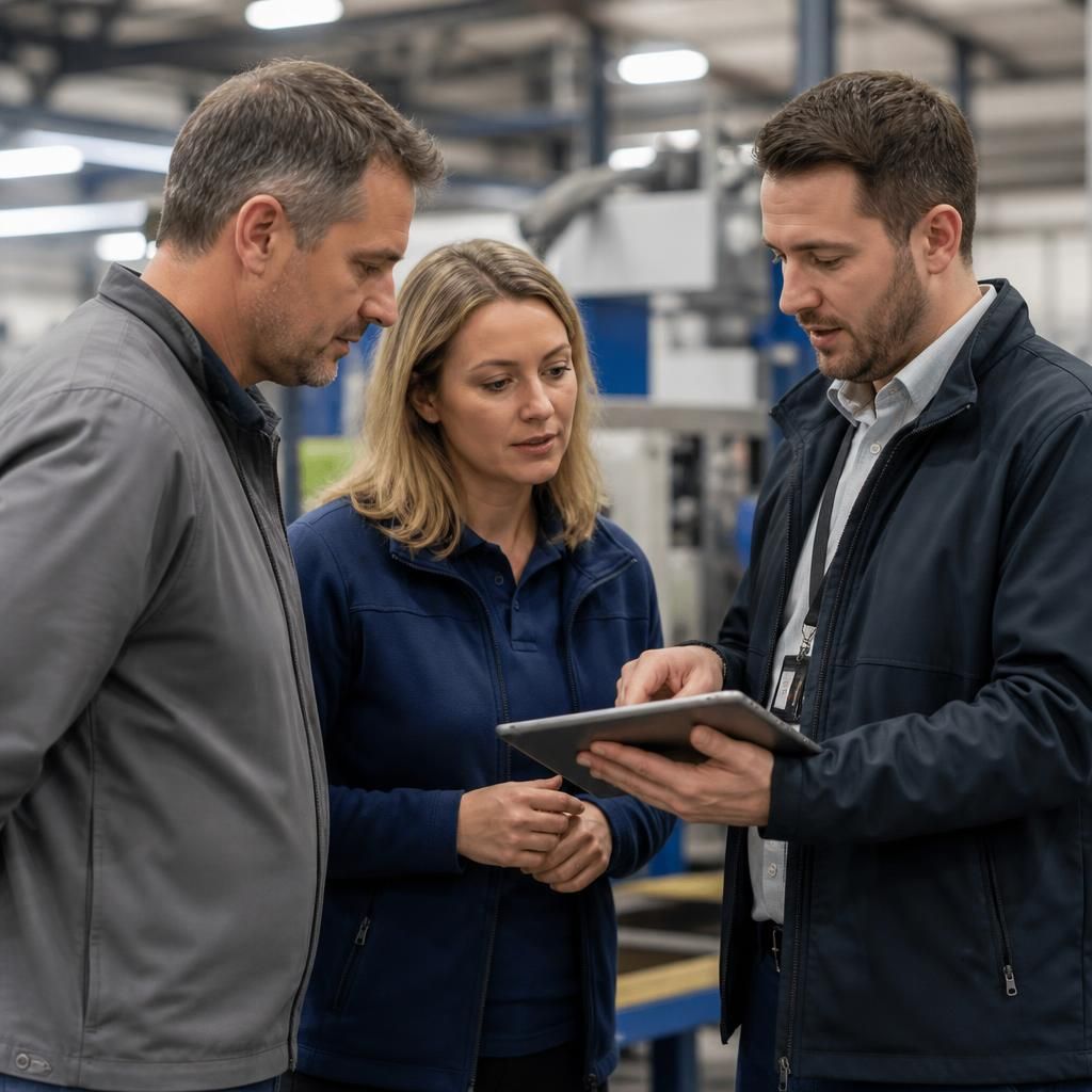 Manufacturing team discussing workplace communications and VoIP connectivity with an IT specialist