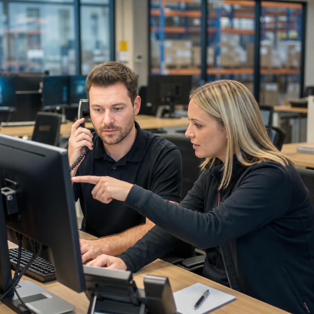 Logistics staff reviewing business phone arrangements and network requirements at a workstation