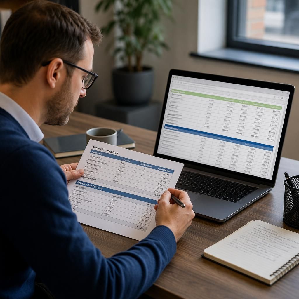 Business owner reviewing an IT support budget spreadsheet with recurring and project costs