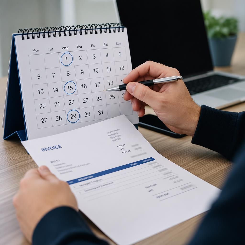 Calendar and invoice showing recurring IT support billing dates