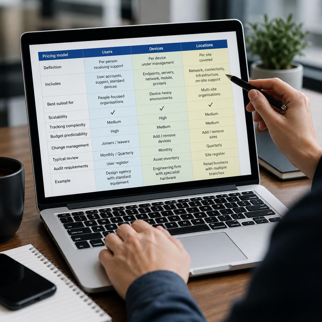 Spreadsheet comparing users, devices and locations in a managed IT support quote