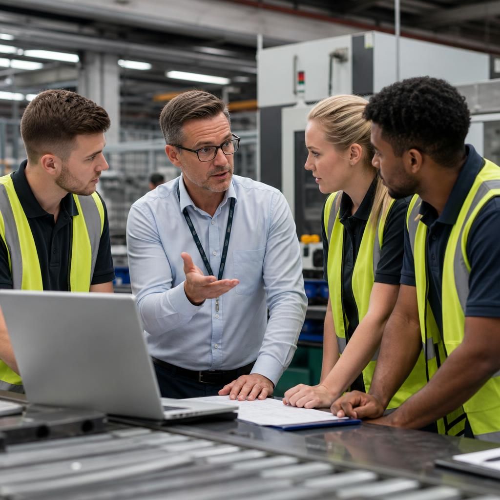 Manufacturing team discussing workplace technology and infrastructure requirements