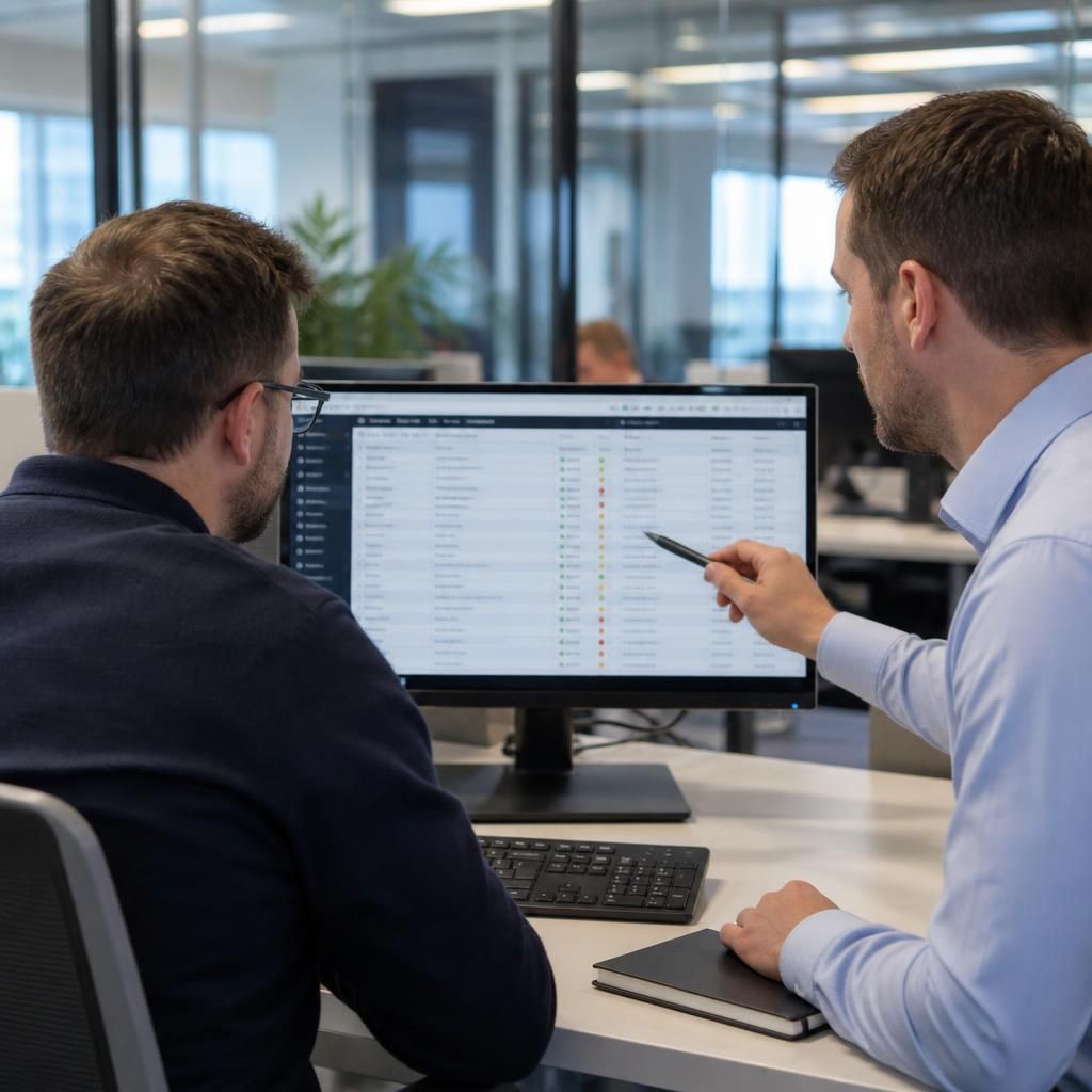 IT professionals reviewing supplier records and service information on a computer screen