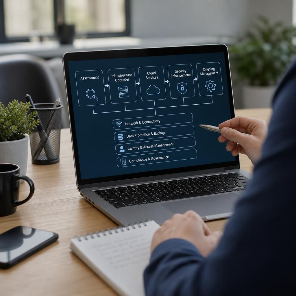 IT roadmap showing infrastructure upgrades, cloud services and security tasks