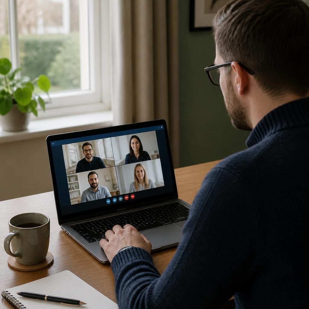 Employee using a laptop during a remote video meeting
