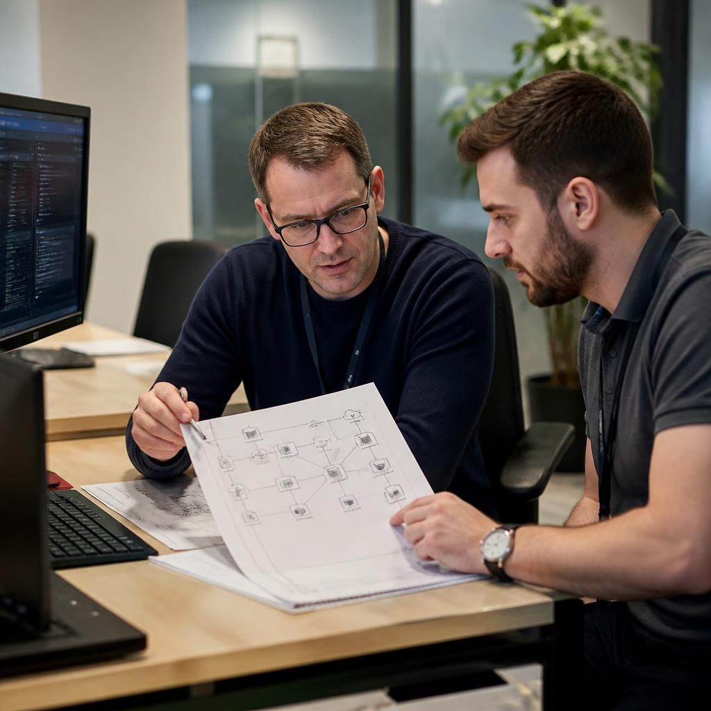 Internal IT manager reviewing network diagrams with a managed service provider