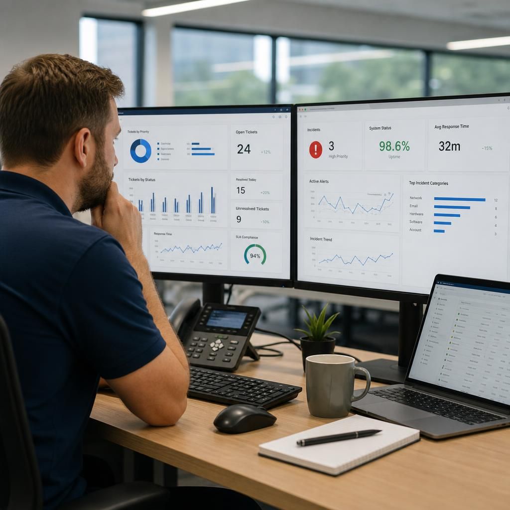 IT service dashboard showing support tickets, incidents and performance trends
