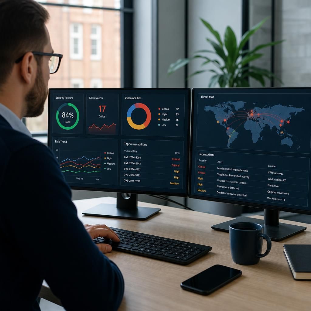 IT security dashboard showing alerts, vulnerabilities and risk priorities