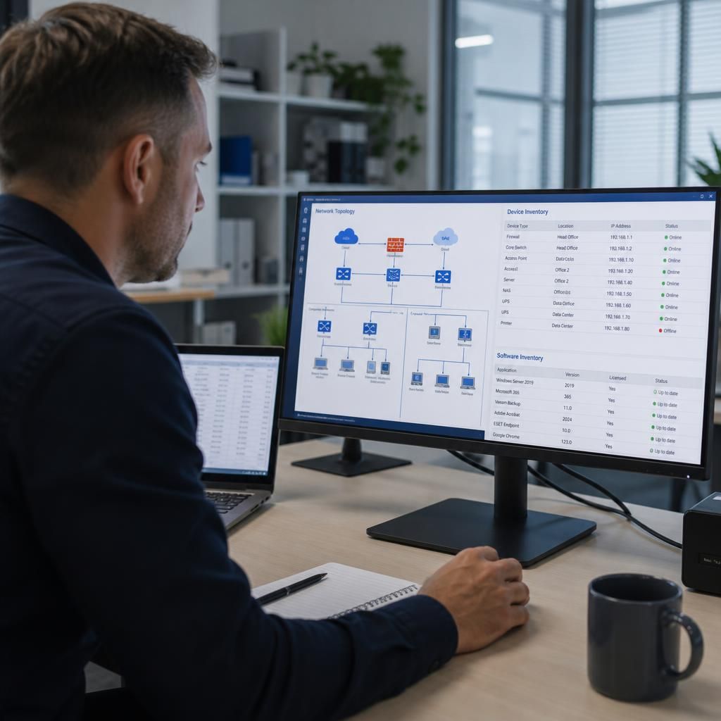 IT technician reviewing a business network diagram and device inventory on screen