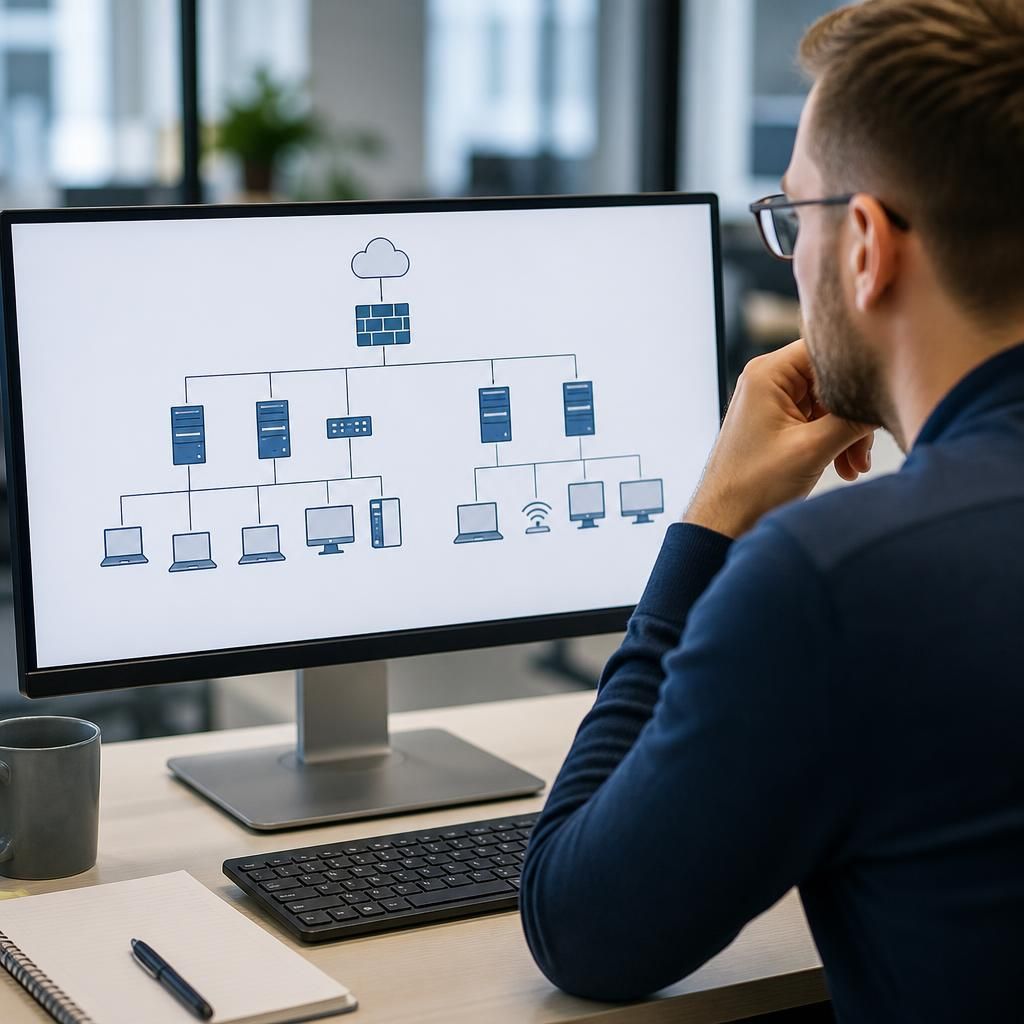 IT professional reviewing a business network diagram on a computer screen