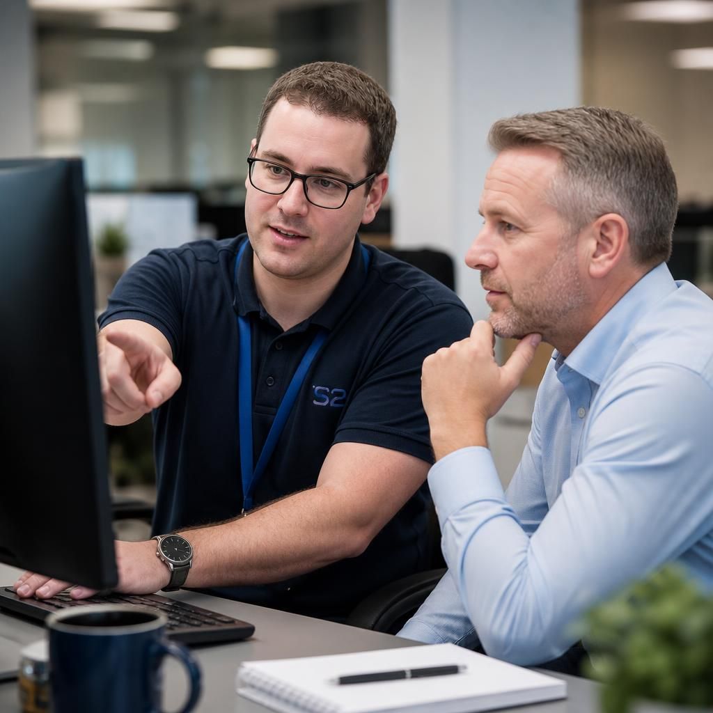 IT support specialist discussing a computer screen with a business colleague