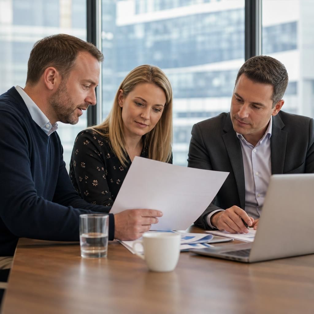 Professional services team reviewing documents and technology systems in an office