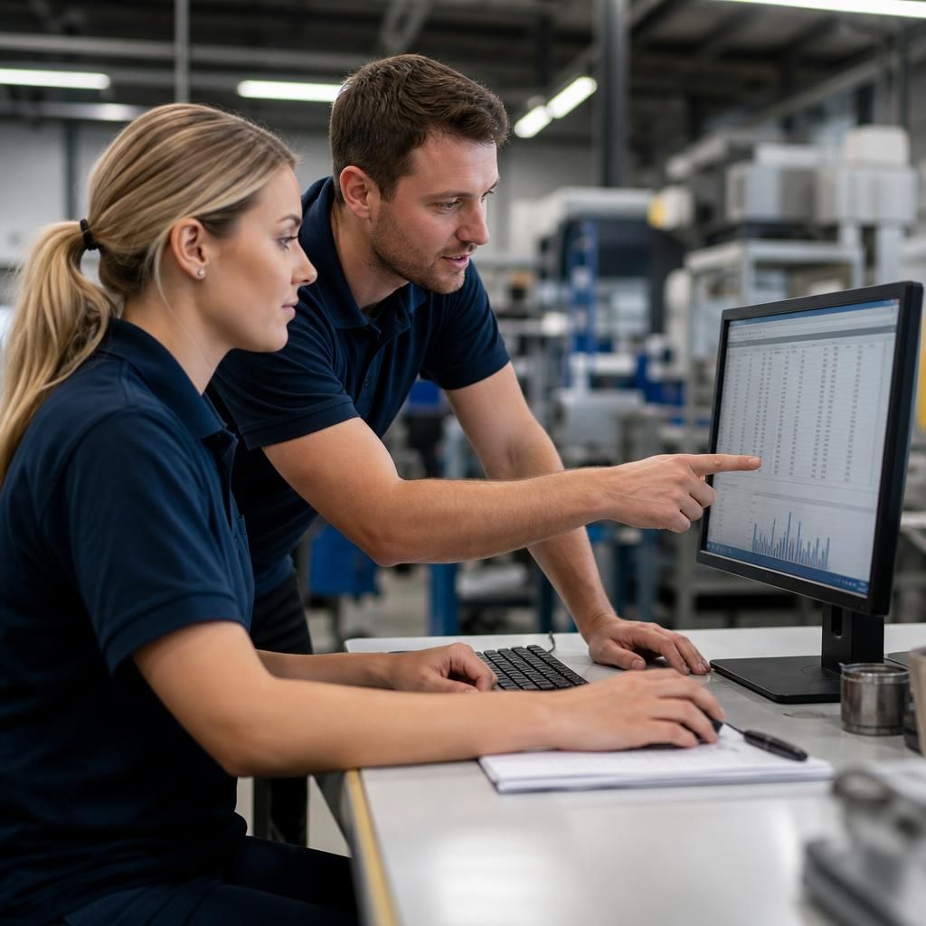 Manufacturing staff reviewing production information on a computer workstation