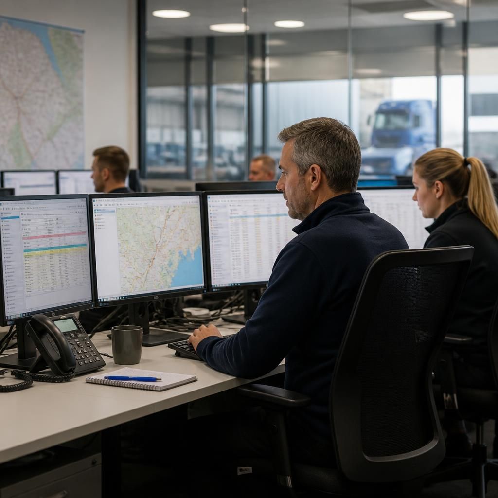 Logistics staff using computers to coordinate transport and delivery information