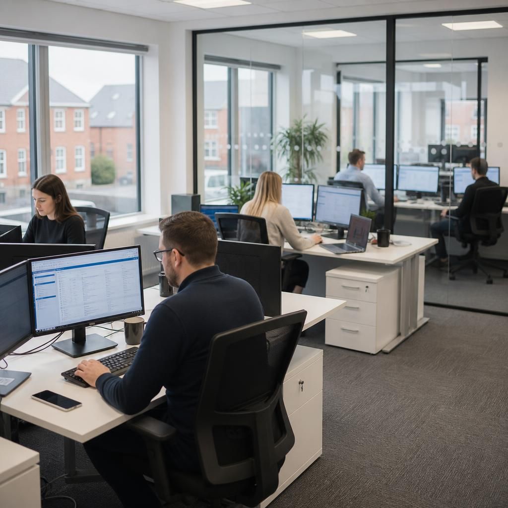 Employees working across two connected business locations using laptops and desktop computers