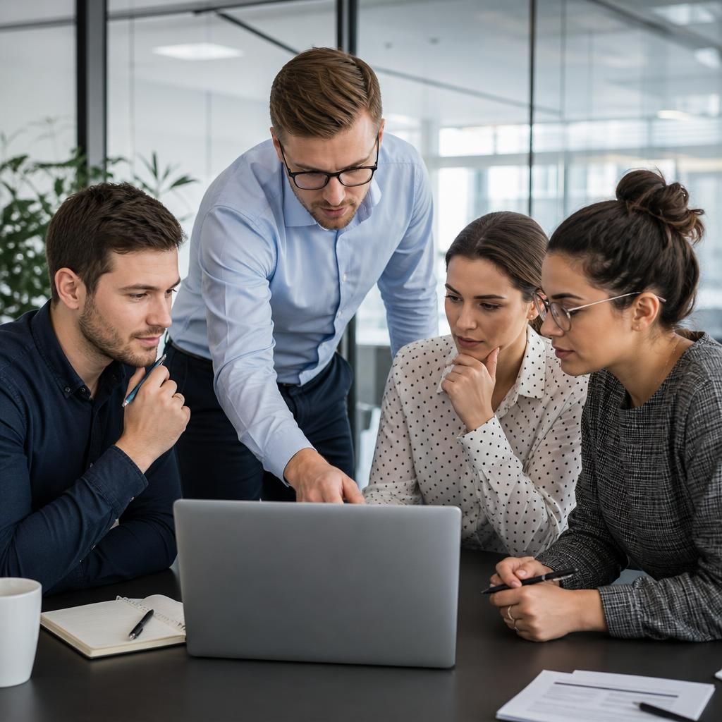 Growing business team discussing technology requirements around a laptop