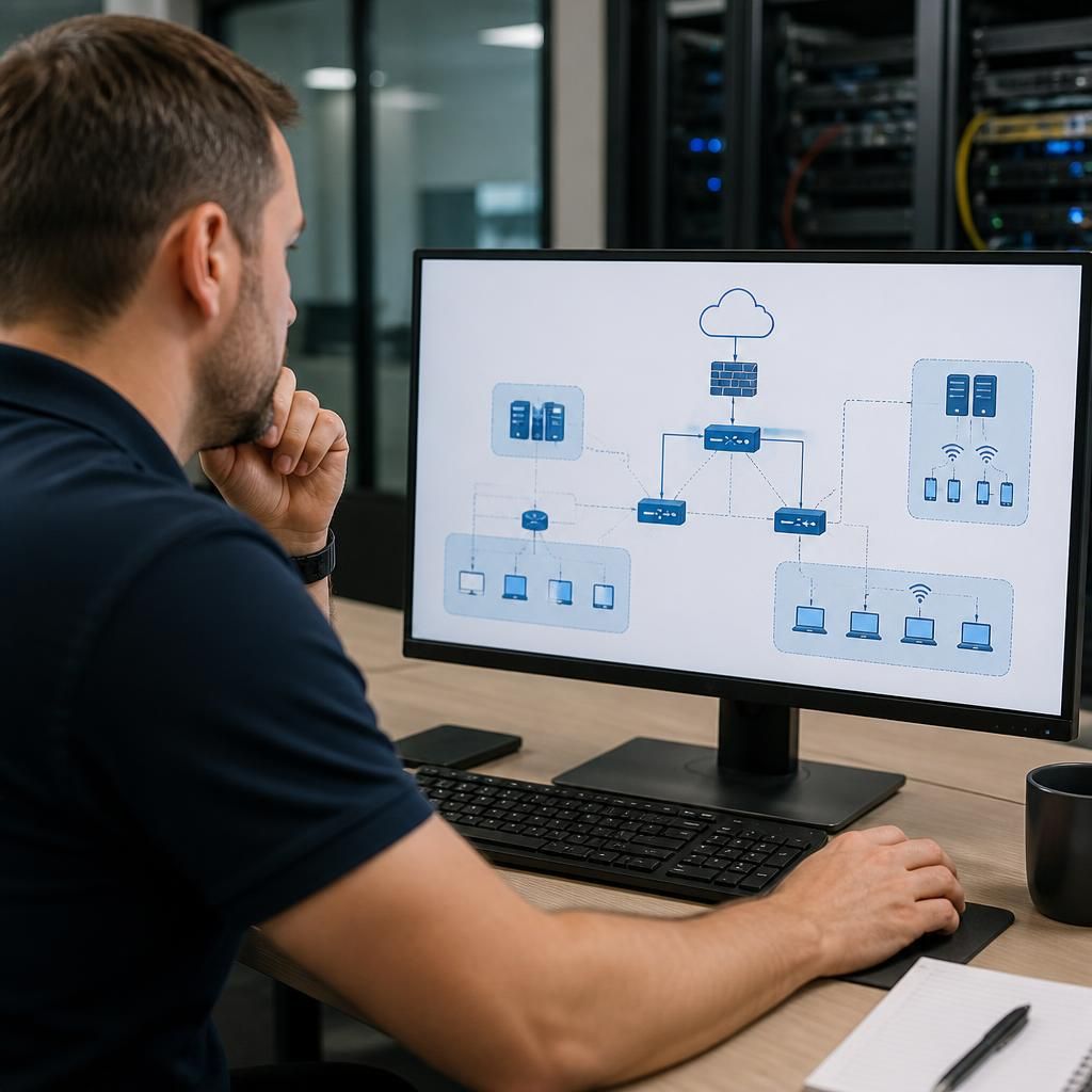 Technician reviewing a business network diagram on a computer screen