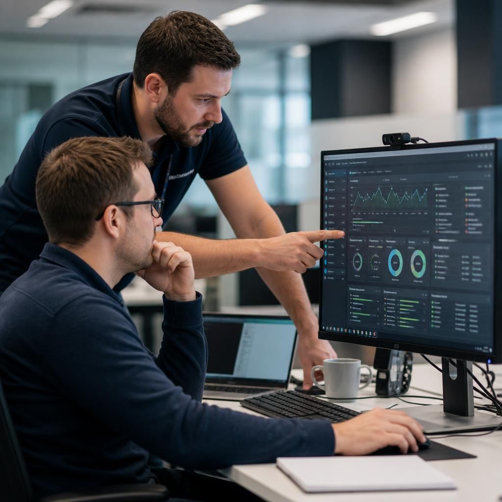 Internal IT professional reviewing a network dashboard with an external engineer