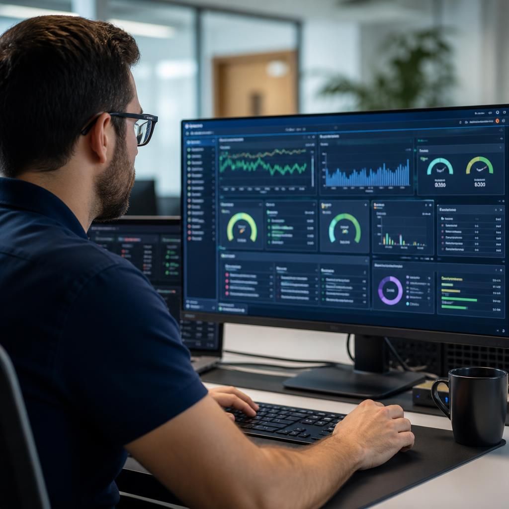 IT professional reviewing a network monitoring dashboard on a computer
