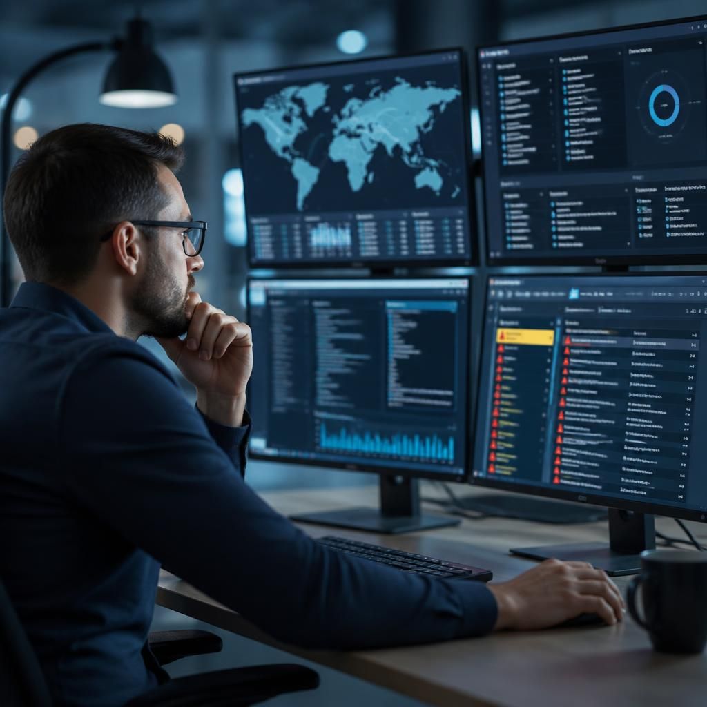 IT professional reviewing security alerts on multiple computer screens