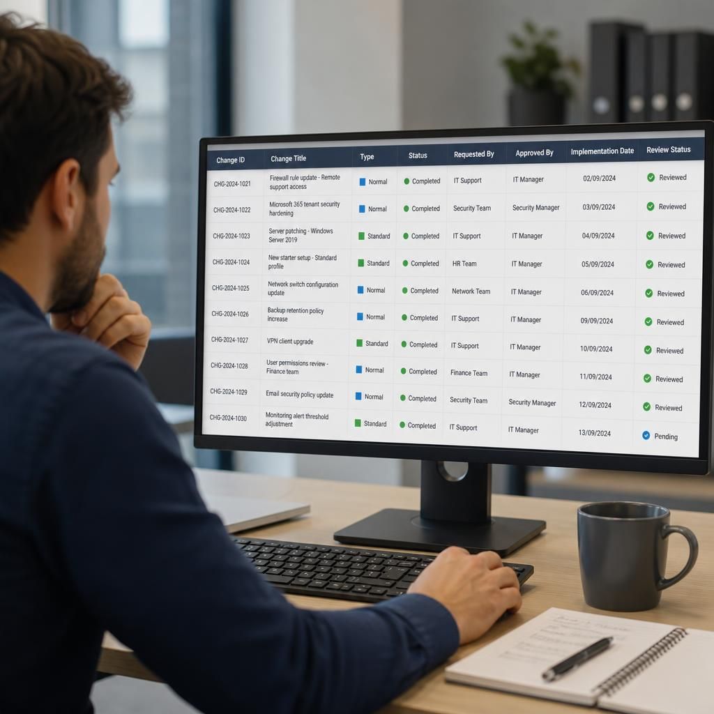 IT change record showing approval, implementation notes and review status
