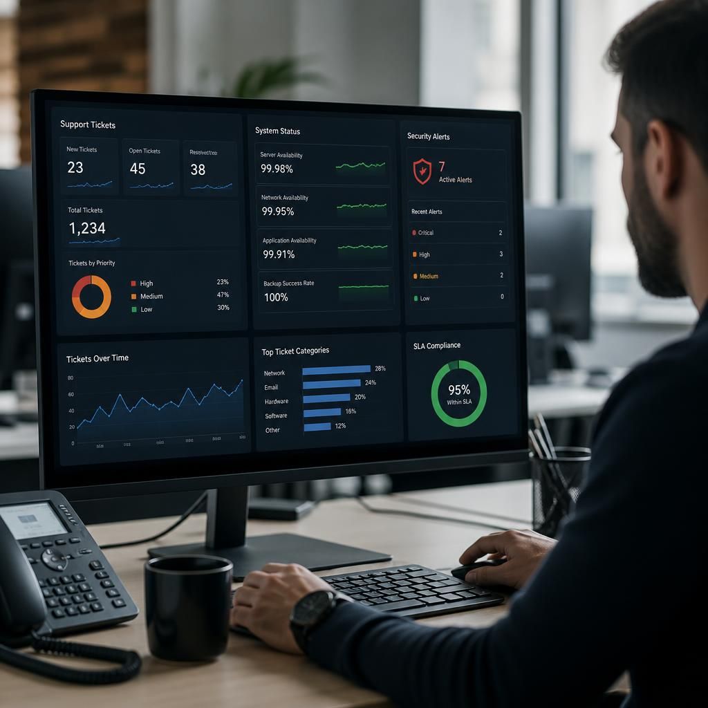 IT service dashboard displaying support tickets, system status and security alerts