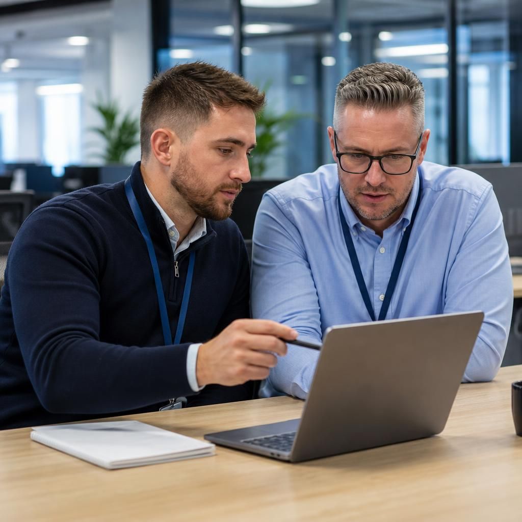 IT professionals reviewing a managed support transition plan on a laptop