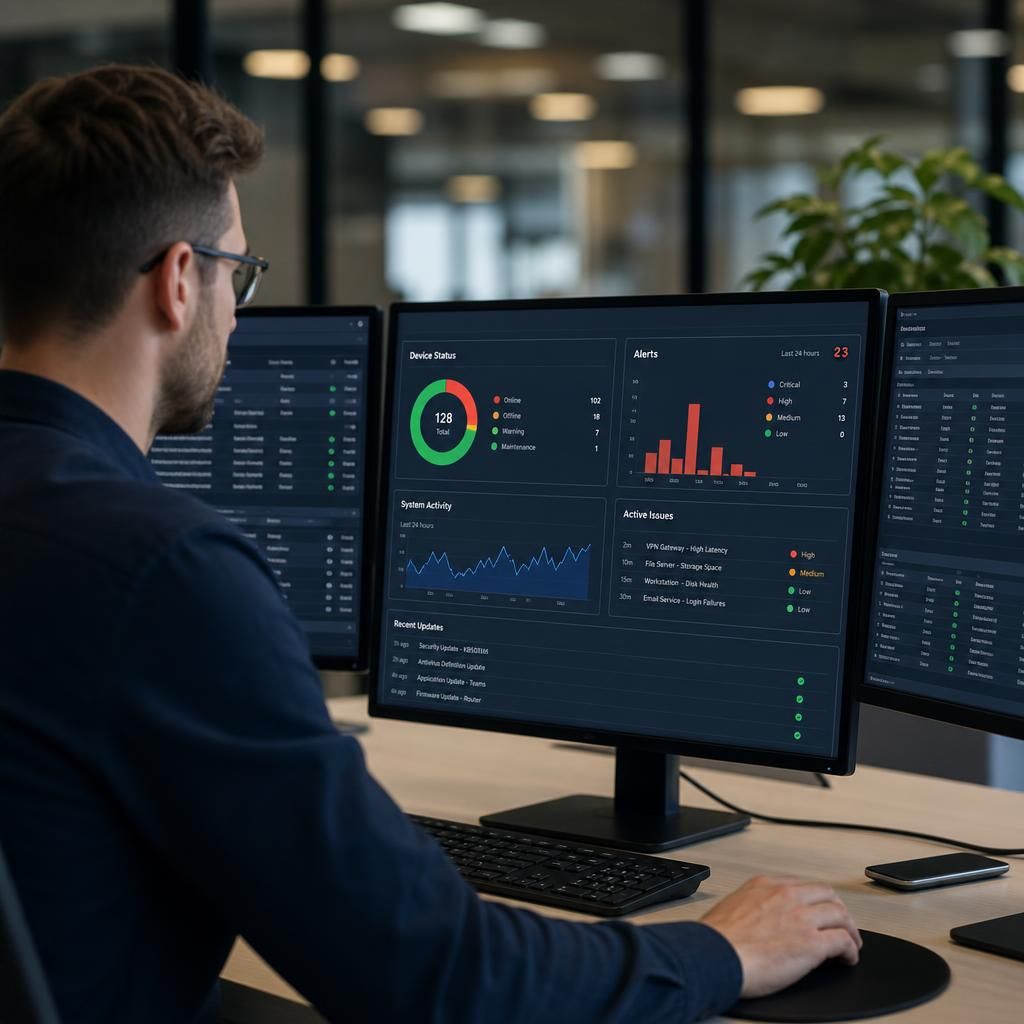 IT monitoring dashboard showing device status, alerts and system activity
