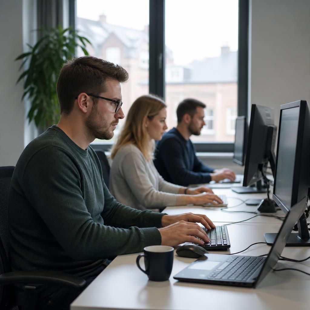 Business users working at computers in a shared office