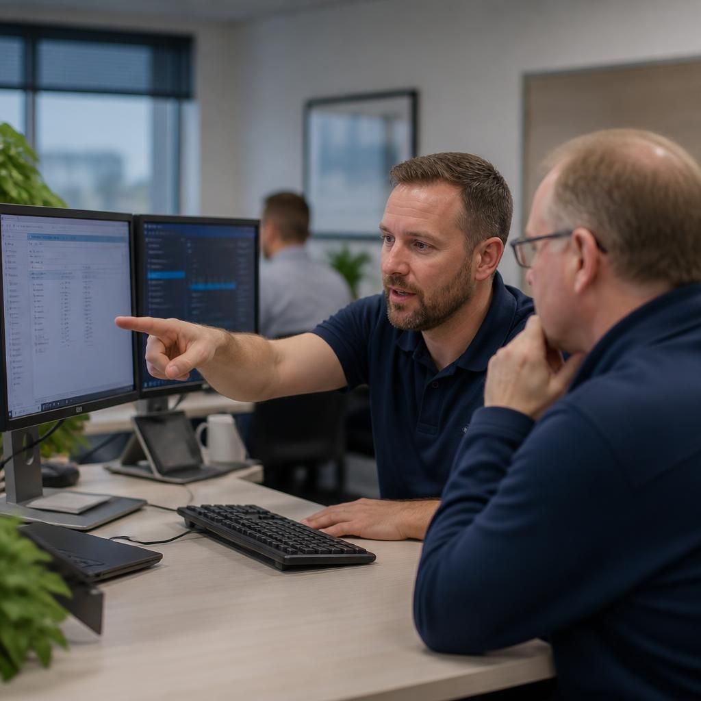 IT support specialists discussing a computer screen in an office