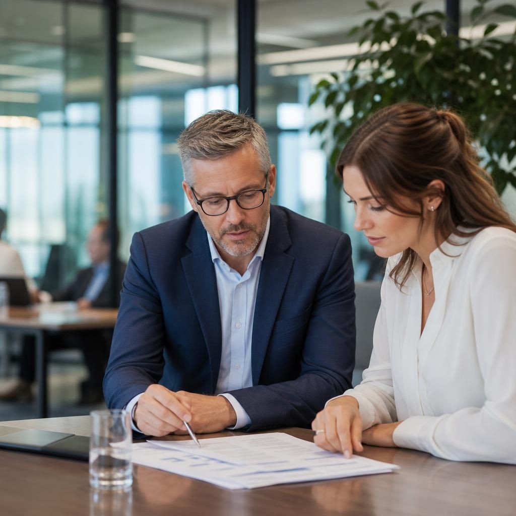 Professional services team reviewing documents and business systems in an office
