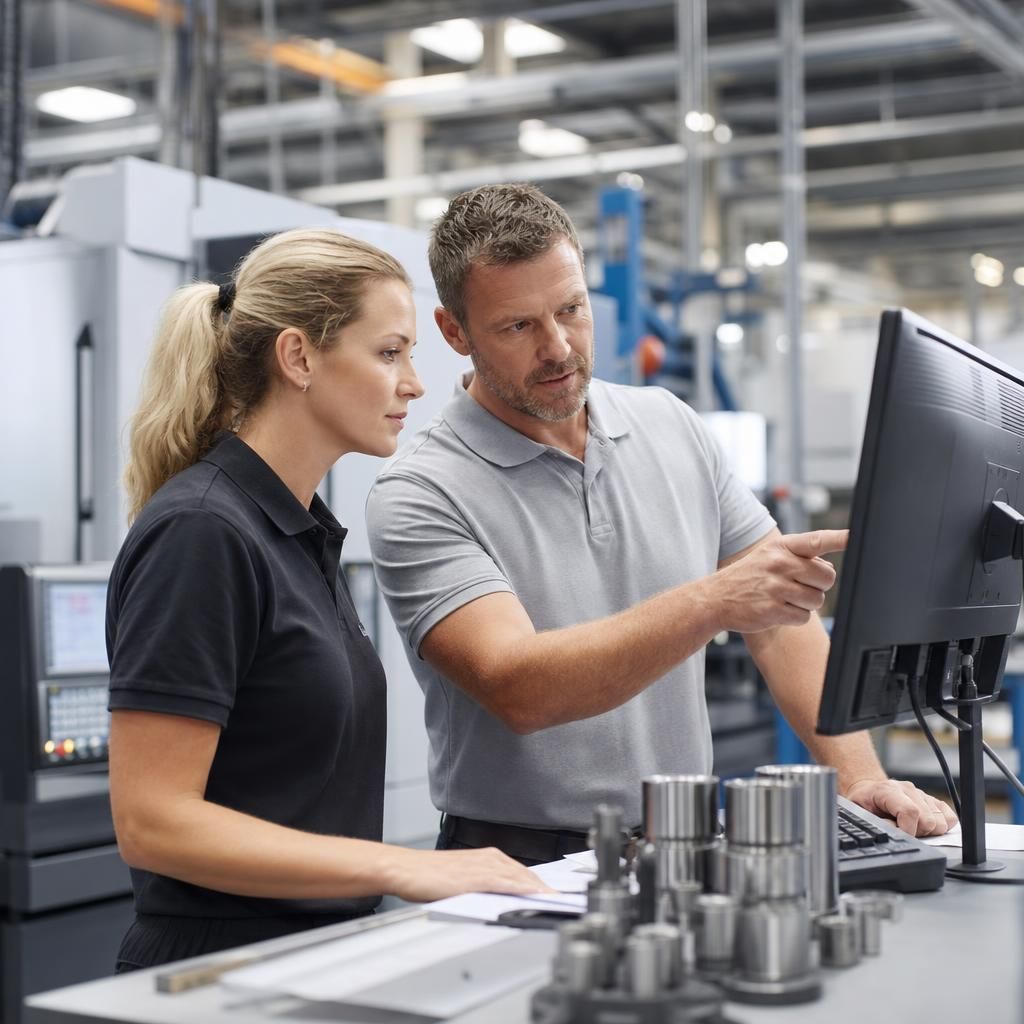 Manufacturing staff reviewing operational technology and computer equipment on a production site