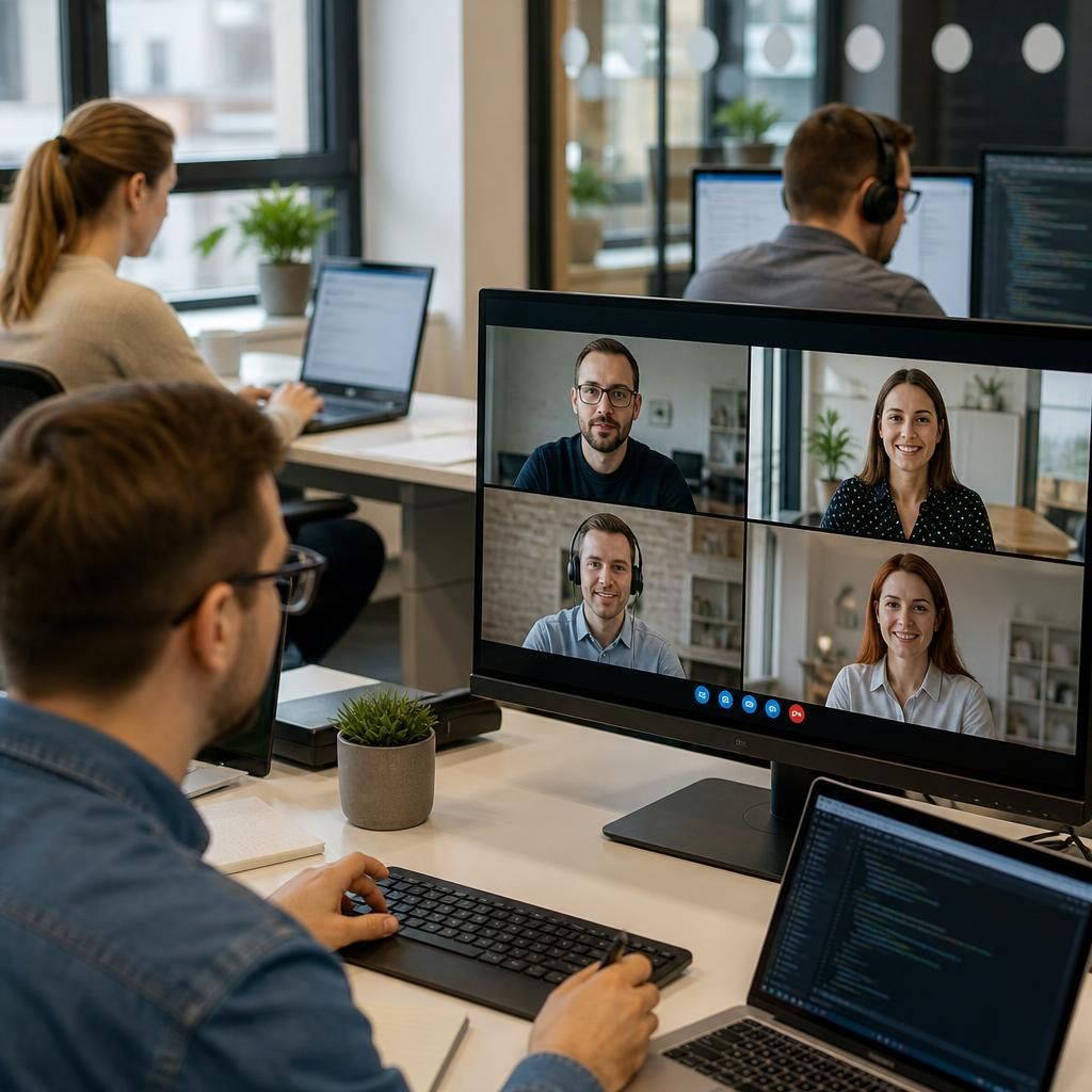 Teams at different business locations collaborating through connected computer systems