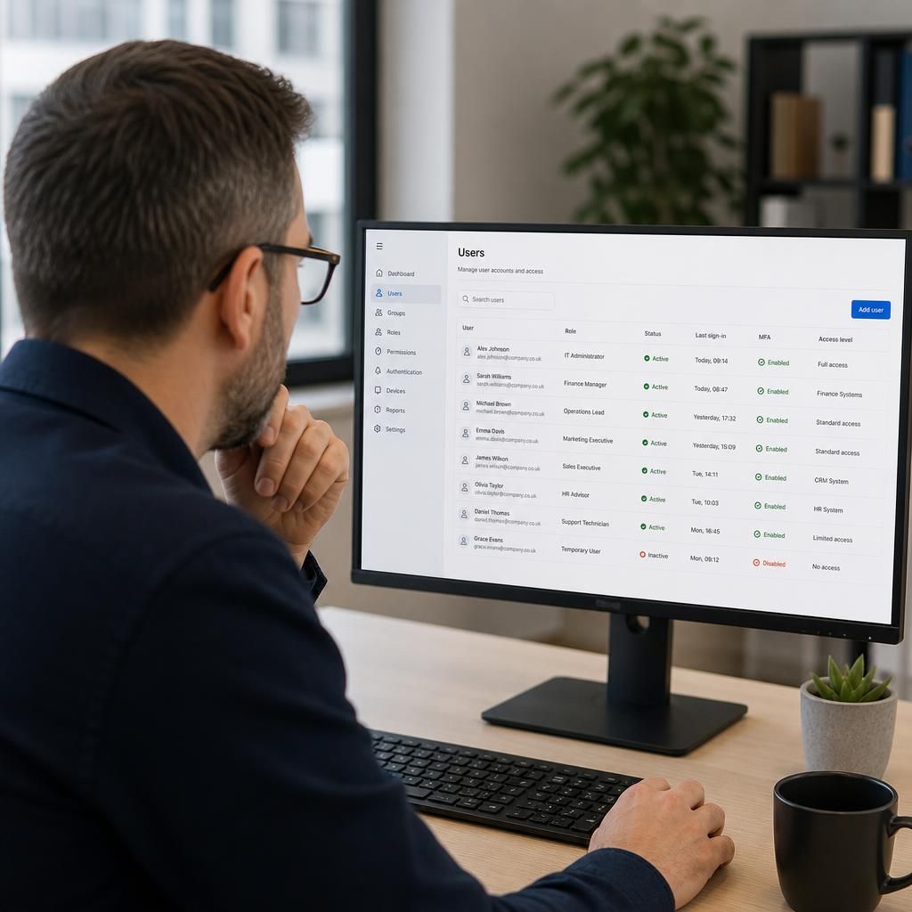 Administrator reviewing user accounts and access permissions on a computer screen